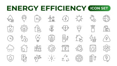 Energy efficiency icon set. Calculator, energy-saving light bulb, piggy bank, solar panel, circular economy, battery, home insulation, energy class vector illustration clipart