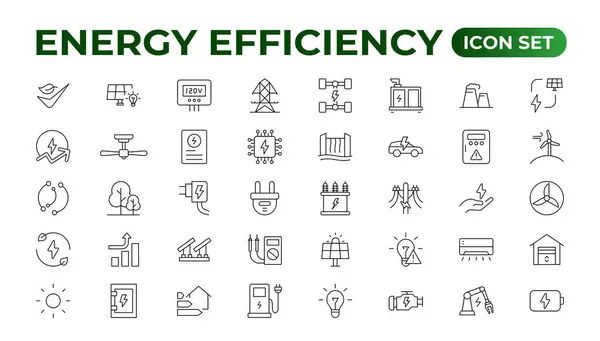 stock vector Energy efficiency icon set. Calculator, energy-saving light bulb, piggy bank, solar panel, circular economy, battery, home insulation, energy class vector illustration