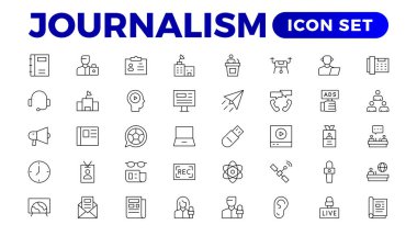 Bir dizi gazetecilik ikonu. Gazeteci, haber, gazete ve radyo içeriyor. Katı simge koleksiyonu. Özet Haber sembolü koleksiyonu.