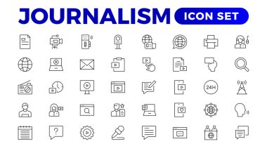 Bir dizi gazetecilik ikonu. Gazeteci, haber, gazete ve radyo içeriyor. Katı simge koleksiyonu. Özet Haber sembolü koleksiyonu.