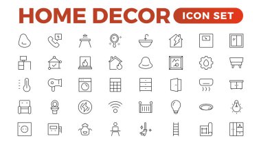 Mobilya seti ve dekorla ilgili ikon seti. Ev dekorasyonu, dekorasyon çizgisi simgeleri. Çocuk Yatağı, Kanepe, Askı ve daha pek çok ikon içeriyor. Doğrusal simge illüstrasyon koleksiyonu.