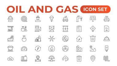 Petrol Sanayi Hattı Simgeleri. Benzin istasyonu, petrol fabrikaları, ulaşım ve daha fazlası gibi Iconlar içermektedir. satır simgesi seti.