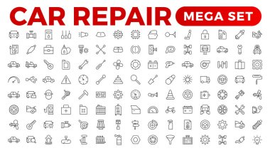 Araba servisi & garaj çizgisi simgeleri ayarlandı. Tamir, araba tamiri. Araba servisi simgesi beyaz arkaplanda. Otomobil servisi, araba tamir ikonu. Araba servisi ve garaj illüstrasyon simgesi seti