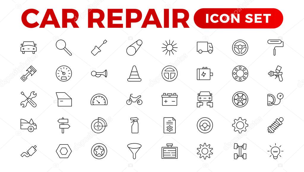 Car service & garage line icons set. repair, car detail. Car service icon set on white background. Auto service, car repair icon set. Car service and garage illustration icon set