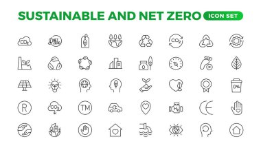 Sürdürülebilirlik ve Sıfır Ağı, çevre, ekolojik, geri dönüşüm, yeşil, organik, endüstri ince çizgi simgeleri. Doğrusal ekoloji basit sembol koleksiyonu.