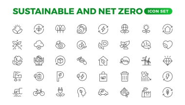 Sürdürülebilirlik ve Sıfır Ağı, çevre, ekolojik, geri dönüşüm, yeşil, organik, endüstri ince çizgi simgeleri. Doğrusal ekoloji basit sembol koleksiyonu.