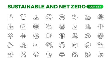 Sürdürülebilirlik ve Sıfır Ağı, çevre, ekolojik, geri dönüşüm, yeşil, organik, endüstri ince çizgi simgeleri. Doğrusal ekoloji basit sembol koleksiyonu.