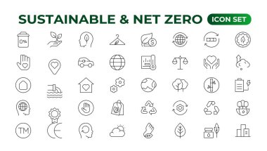 Sürdürülebilirlik ve Sıfır Ağı, çevre, ekolojik, geri dönüşüm, yeşil, organik, endüstri ince çizgi simgeleri. Doğrusal ekoloji basit sembol koleksiyonu.