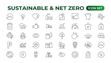 Sürdürülebilirlik ve Sıfır Ağı, çevre, ekolojik, geri dönüşüm, yeşil, organik, endüstri ince çizgi simgeleri. Doğrusal ekoloji basit sembol koleksiyonu.