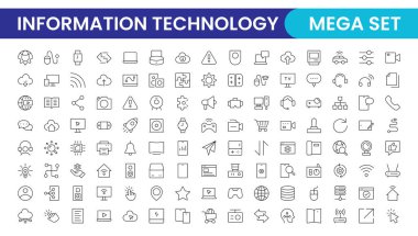 Bilgi Teknolojisinin Simge Kümesi taslak biçimi. IT ağı, IT Technology, Internet, website, data, software, communication, Cloud, Share, Technology, IOT, Business, Programlama İnce Çizgi Simgeleri 