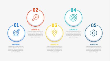Sunum için Beş Adım Bilgisel tasarım ögesi şablonu. Bilgi grafiği çizimi. diyagram ve sunumlar adım, bayrak, akış şeması, 5 seçenek şablonu.