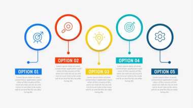 Sunum için Beş Adım Bilgisel tasarım ögesi şablonu. Bilgi grafiği çizimi. diyagram ve sunumlar adım, bayrak, akış şeması, 5 seçenek şablonu.