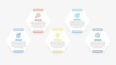 Sunum için Beş Adım Bilgisel tasarım ögesi şablonu. Bilgi grafiği çizimi. diyagram ve sunumlar adım, bayrak, akış şeması, 5 seçenek şablonu.