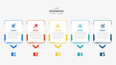 Sunum için Beş Adım Bilgisel tasarım ögesi şablonu. Bilgi grafiği çizimi. diyagram ve sunumlar adım, bayrak, akış şeması, 5 seçenek şablonu.