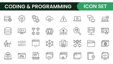 Web simgelerinin kodlama seti satır biçiminde programlanıyor. Web ve mobil uygulama için yazılım geliştirme simgeleri. Kod, api, programcı, geliştirici, bilgi teknolojisi, kodlayıcı ve daha fazlası.