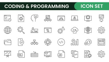 Programming coding set of web icons in line style. Software development icons for web and mobile app. Code, api, programmer, developer, information technology, coder and more. clipart svg vector 