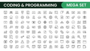 Programming coding set of web icons in line style. Software development icons for web and mobile app. Code, api, programmer, developer, information technology, coder and more. clipart svg vector 