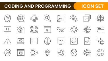 Programming coding set of web icons in line style. Software development icons for web and mobile app. Code, api, programmer, developer, information technology, coder and more. clipart svg vector 