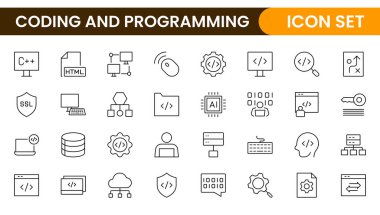 Web simgelerinin kodlama seti satır biçiminde programlanıyor. Web ve mobil uygulama için yazılım geliştirme simgeleri. Kod, api, programcı, geliştirici, bilgi teknolojisi, kodlayıcı ve daha fazlası.