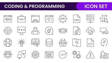 Web simgelerinin kodlama seti satır biçiminde programlanıyor. Web ve mobil uygulama için yazılım geliştirme simgeleri. Kod, api, programcı, geliştirici, bilgi teknolojisi, kodlayıcı ve daha fazlası.
