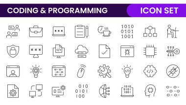 Web simgelerinin kodlama seti satır biçiminde programlanıyor. Web ve mobil uygulama için yazılım geliştirme simgeleri. Kod, api, programcı, geliştirici, bilgi teknolojisi, kodlayıcı ve daha fazlası.