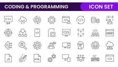 Web simgelerinin kodlama seti satır biçiminde programlanıyor. Web ve mobil uygulama için yazılım geliştirme simgeleri. Kod, api, programcı, geliştirici, bilgi teknolojisi, kodlayıcı ve daha fazlası.