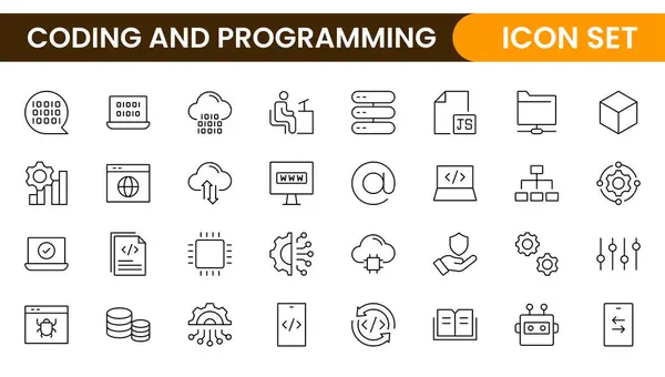 Web simgelerinin kodlama seti satır biçiminde programlanıyor. Web ve mobil uygulama için yazılım geliştirme simgeleri. Kod, api, programcı, geliştirici, bilgi teknolojisi, kodlayıcı ve daha fazlası.