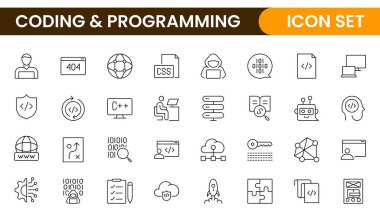 Web simgelerinin kodlama seti satır biçiminde programlanıyor. Web ve mobil uygulama için yazılım geliştirme simgeleri. Kod, api, programcı, geliştirici, bilgi teknolojisi, kodlayıcı ve daha fazlası.