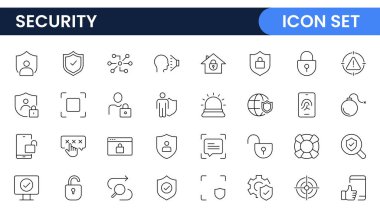 Güvenlik web simgelerini hizaya sokun. Güvenlik, siber güvenlik, şifre, akıllı ev, güvenlik, veri koruması, anahtar, kalkan, kilit açma, göz erişimi. Güvenlik ana hatları simgesi ayarlandı.