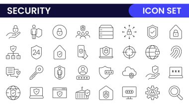 Güvenlik web simgelerini hizaya sokun. Güvenlik, siber güvenlik, şifre, akıllı ev, güvenlik, veri koruması, anahtar, kalkan, kilit açma, göz erişimi. Güvenlik ana hatları simgesi ayarlandı.
