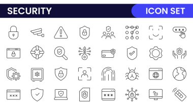 Güvenlik web simgelerini hizaya sokun. Güvenlik, siber güvenlik, şifre, akıllı ev, güvenlik, veri koruması, anahtar, kalkan, kilit açma, göz erişimi. Güvenlik ana hatları simgesi ayarlandı.