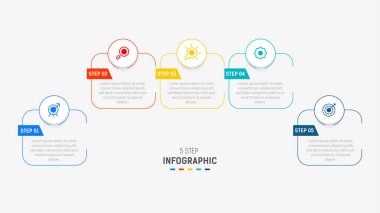 Sunum için Beş Adım Bilgisel tasarım ögesi şablonu. Bilgi grafiği çizimi. diyagram ve sunumlar adım, bayrak, akış şeması, 5 seçenek şablonu.