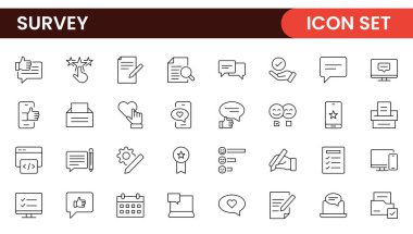 Anket geribildirimi, referans, müşteri ince çizgi simgeleri. Web sitesi pazarlama, logo, uygulama, şablon, ui, vs. için.