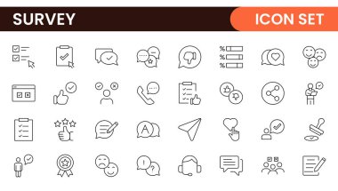 Anket geribildirimi, referans, müşteri ince çizgi simgeleri. Web sitesi pazarlama, logo, uygulama, şablon, ui, vs. için.