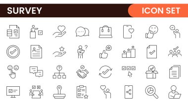 Anket geribildirimi, referans, müşteri ince çizgi simgeleri. Web sitesi pazarlama, logo, uygulama, şablon, ui, vs. için.