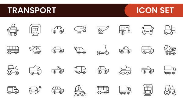 Набор значков транспорта. Сдерживает распространение, доставку, транспортировку, доставку, грузы, транспортировку, планирование маршрутов, цепочки поставок, экспорт и влияние. Твердая коллекция иконок.