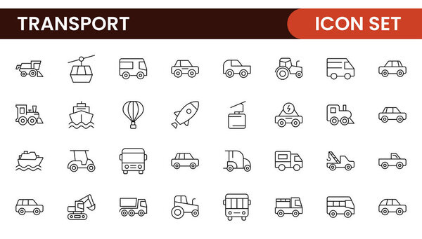Набор значков транспорта. Сдерживает распространение, доставку, транспортировку, доставку, грузы, транспортировку, планирование маршрутов, цепочки поставок, экспорт и влияние. Твердая коллекция иконок.
