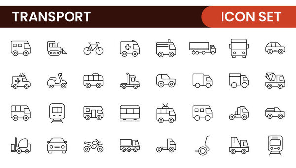 Набор значков транспорта. Сдерживает распространение, доставку, транспортировку, доставку, грузы, транспортировку, планирование маршрутов, цепочки поставок, экспорт и влияние. Твердая коллекция иконок.