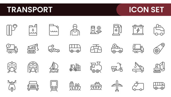 Набор значков транспорта. Сдерживает распространение, доставку, транспортировку, доставку, грузы, транспортировку, планирование маршрутов, цепочки поставок, экспорт и влияние. Твердая коллекция иконок.