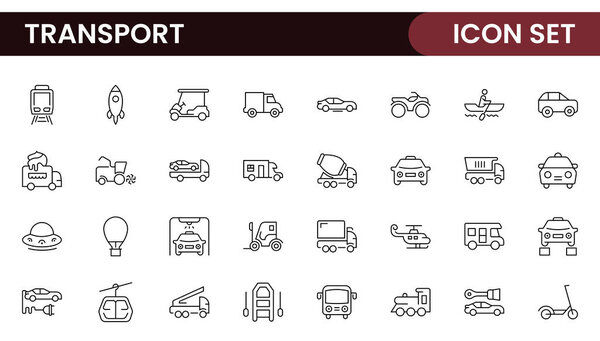 Набор значков транспорта. Сдерживает распространение, доставку, транспортировку, доставку, грузы, транспортировку, планирование маршрутов, цепочки поставок, экспорт и влияние. Твердая коллекция иконок.