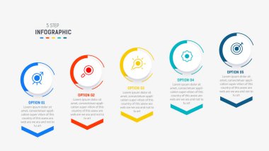 Sunum için Beş Adım Bilgisel tasarım ögesi şablonu. Bilgi grafiği çizimi. diyagram ve sunumlar adım, bayrak, akış şeması, 5 seçenek şablonu.