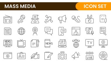 Kütle medya ana hatları vektör simgeleri beyaz arkaplanda izole edilmiş büyük bir set. Medya işi konsepti. Ortam ana hatları simgeleri ayarlandı.