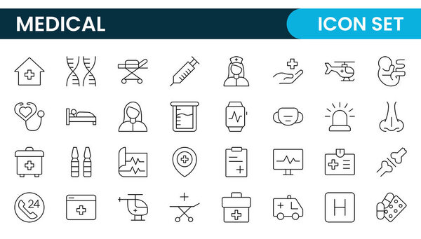 Set of Medical web icons in line style. Medicine and Health Care, RX. Medicine, check up, doctor, dentistry, pharmacy, lab, scientific discovery, collection.