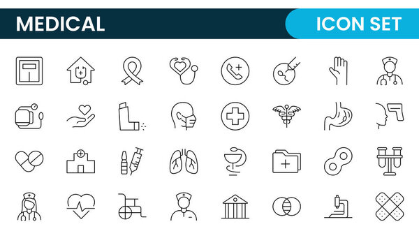 Set of Medical web icons in line style. Medicine and Health Care, RX. Medicine, check up, doctor, dentistry, pharmacy, lab, scientific discovery, collection.