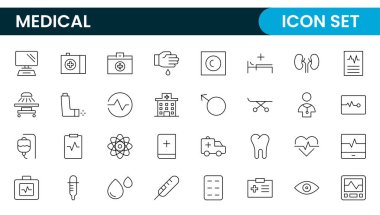 Medikal web simgelerini sıraya dizin. Tıp ve Sağlık Hizmetleri, RX. Tıp, kontrol, doktor, diş hekimliği, eczane, laboratuvar, bilimsel keşif, koleksiyon.