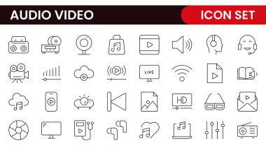 Ses Video Simgeleri Paketi. İnce çizgi simgeleri ayarlandı. Düz simge koleksiyonu seti. Basit özet simgeleri.