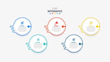 Sunum için Beş Adım Bilgisel tasarım ögesi şablonu. Bilgi grafiği çizimi. diyagram ve sunumlar adım, bayrak, akış şeması, 5 seçenek şablonu.
