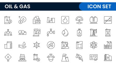Petrol Sanayi Hattı Simgeleri. Benzin istasyonu, petrol fabrikaları, ulaşım ve daha fazlası gibi Iconlar içermektedir. satır simgesi seti.
