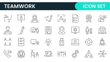 Takım çalışması doğrusal simge koleksiyonu. Birlikte çalışan uzay simgeleri seti. İş takım çalışması, takım oluşturma, çalışma grubu ve insan kaynakları minimal ince çizgi web simgesi seti.