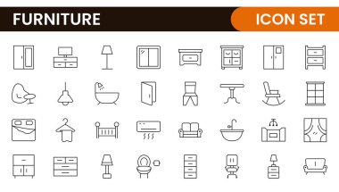 Mobilyalar ve ev içi elementler - ince çizgi ağ simgesi seti. Mutfak, oturma odası, yatak odası ve ofis koleksiyonu..